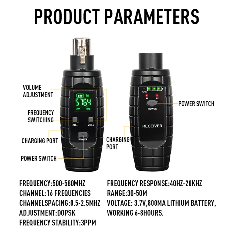 UHF Wireless XLR Transmitter Receiver Mic Head Kit Rechargeable Mic Adapter Wireless Guitar Transmitter Receiver 4