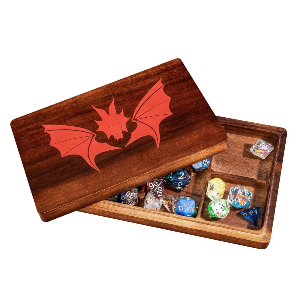 Rectangle Wooden Dice Case & Dice Tray Bat Pattern Box Holder 2 in 1 for DND Game Set D&D RPG Tabletop Games