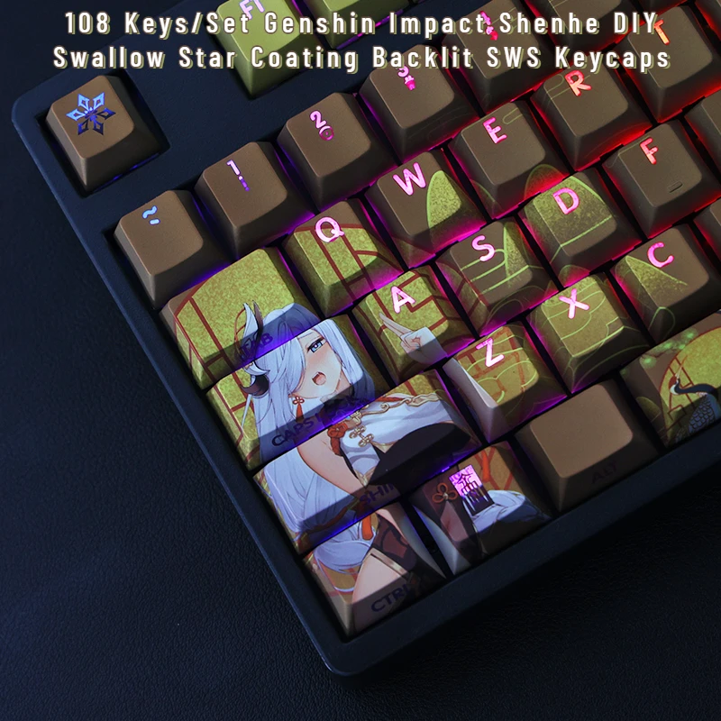 108 키/세트 Genshin Impact Shenhe DIY 제비 스타 코팅 백라이트 SWS 키캡, Corsair Razer 체리 기계식 키보드용