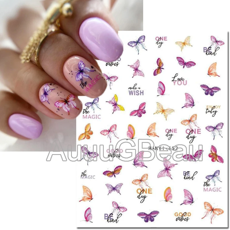 Nail Art 3d Back Glue Stickers Pink Purple Butterflys Decals Nail Decoration Salon Beauty 1pc 3d flower nail sticker acrylic engraved 6d pink black embossed water decals empaistic nail water slide decals z0342