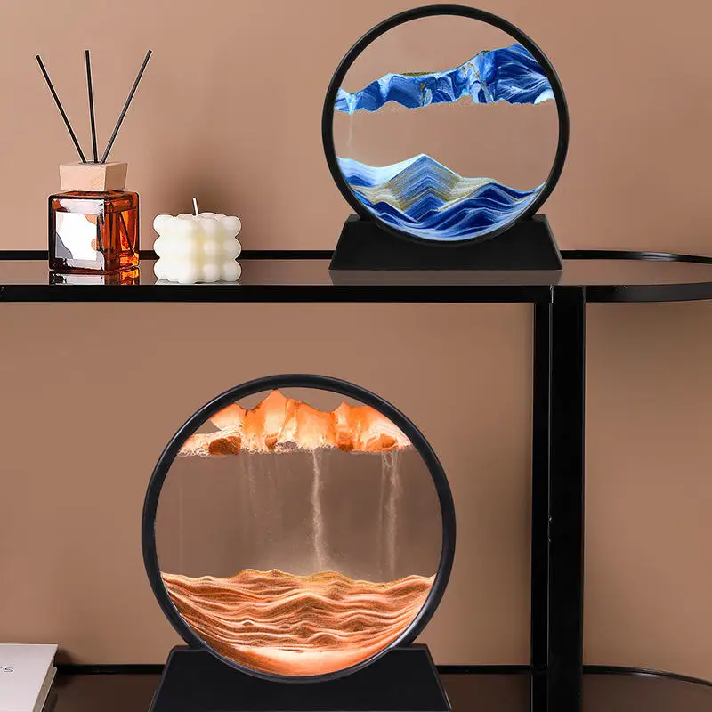 7/12 Inch Sandscape Moving Sand Art Picture Round Moving Hourglass 3D Mountain Motion Display Flowing Sand Painting Home Decor Sand Timer Liquid Hourglass Timer Colored Hourglass