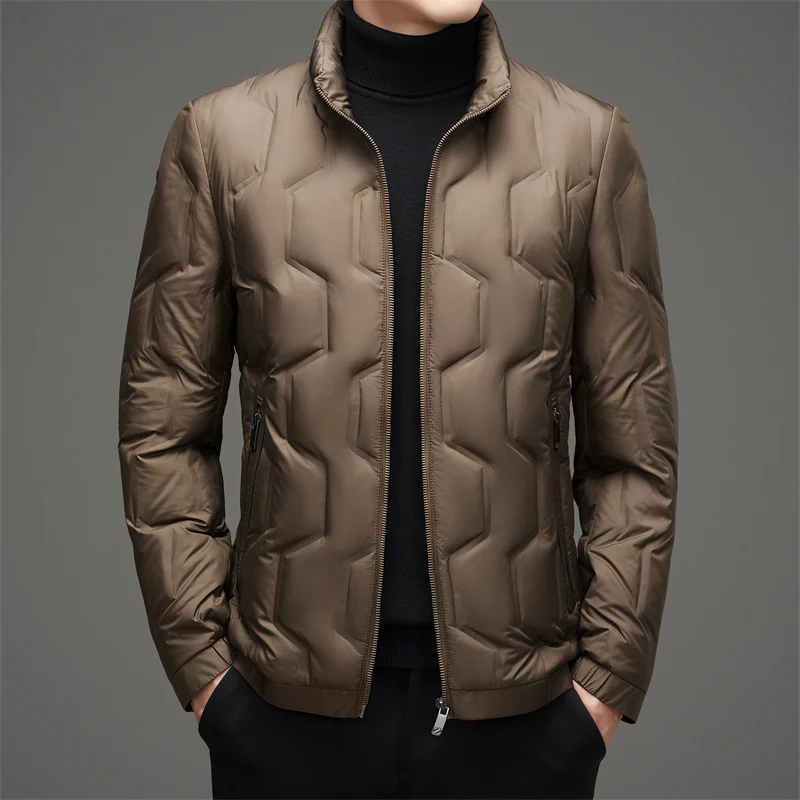 Casual Men's Lightweight Duck Down Jackets Solid Color Windproof Warm Puffer Coats Outwear Slim Stand Collar Tops Down Clothing