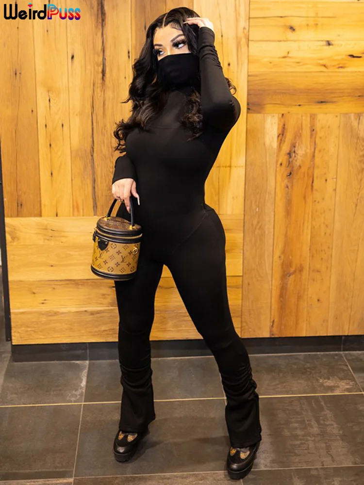 

Weird Puss Sporty Fitness Women Jumpsuit Autumn Trend Folds Turtleneck Activewear Casual Workout Long Sleeve Stretch Outfits