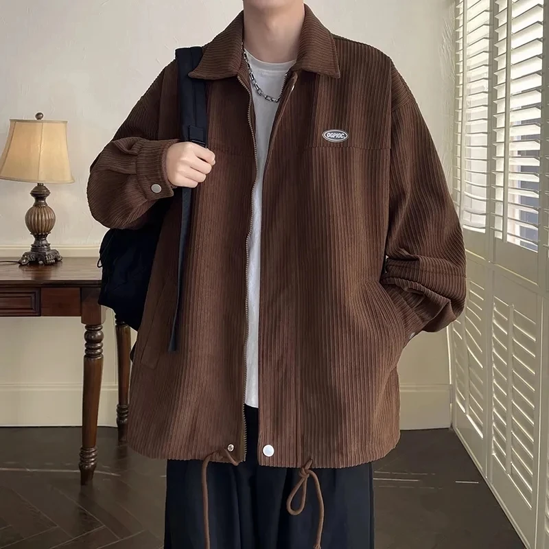 Spring Fashion Men's Casual T-Shirt Loose Soft Versatile Tops Zipper Corduroy Jacket Coat Cool Boys Solid Printi Drawstring