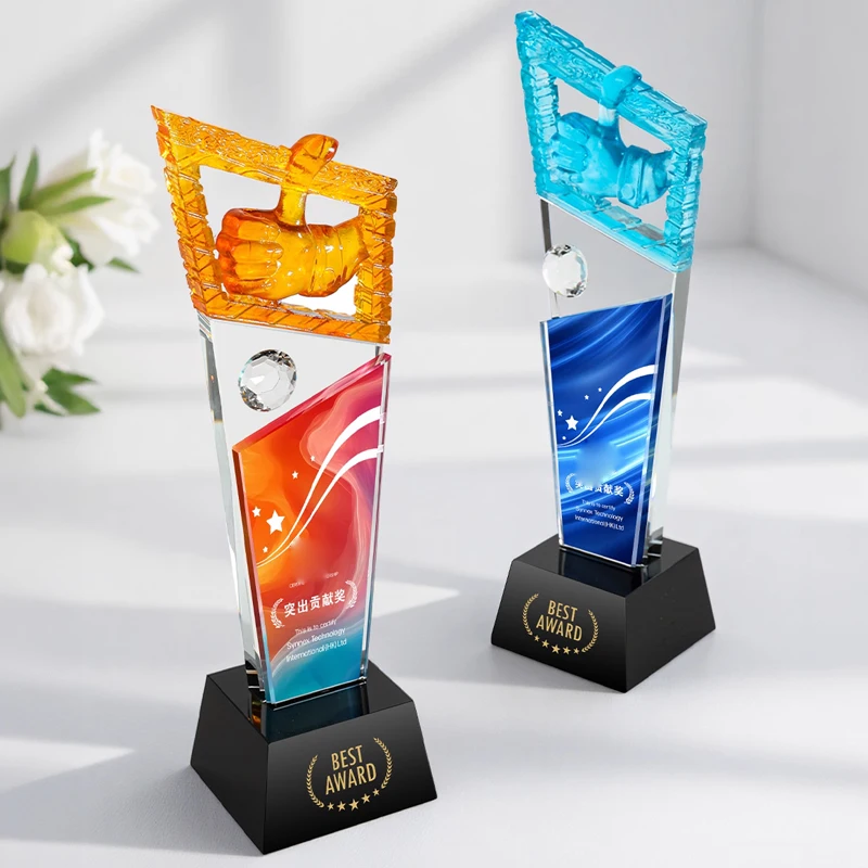 Customized Thumb shape Crystal Trophy, Excellent Staff Annual Meeting Awards, Home Decoration, Color Printing Carving Medal, 1Pc
