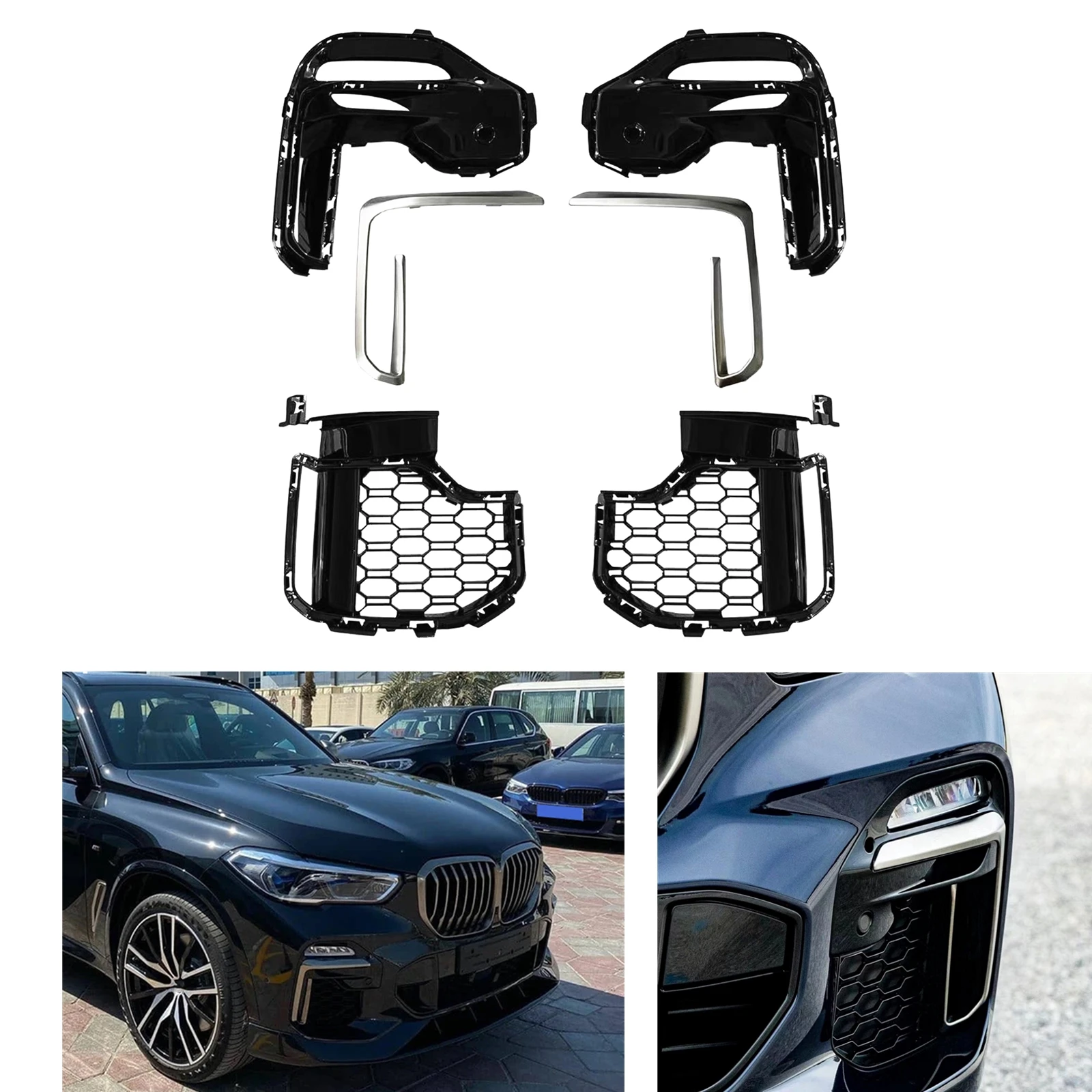 

Решетка для переднего бампера автомобиля, противотуманная решетка для вентиляционного отверстия, решетка для вентиляционного отверстия, верхняя отделка, рамка для лампы для BMW X5 G05 2019-2021