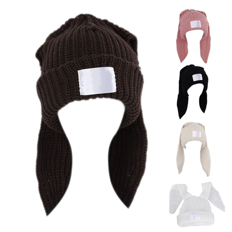 토끼 니트 모자 Skullies 비니 긴 귀 모자 크로 셰 뜨개질 니트 모자 귀여운 토끼 모자 토끼 귀 모자 여성용 겨울 따뜻한