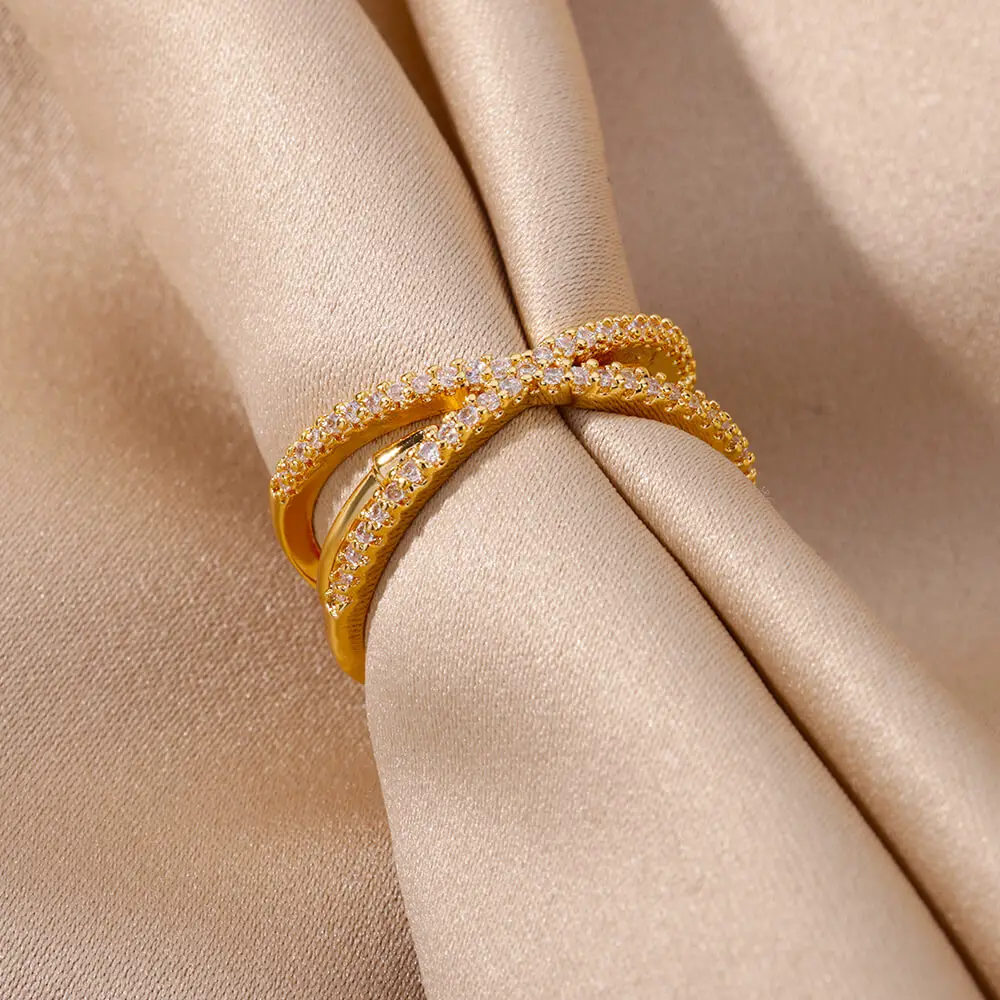 Zircon Cross Rings For Women Gold Plated Openning Stainless Steel