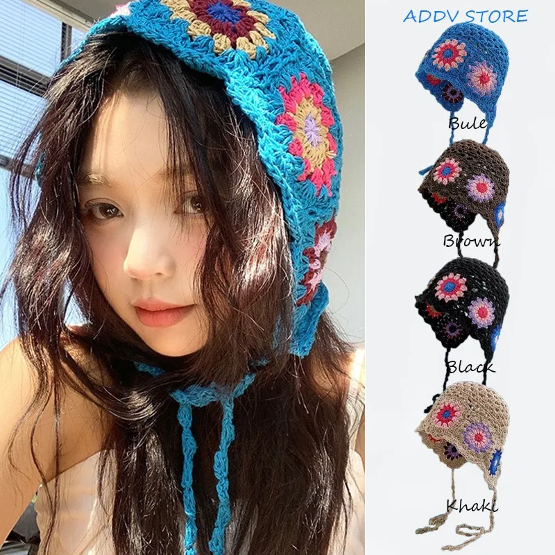 

Summer Handmade Japanese Crochet Flower Tie-dye Headband Beanie with Hollow-out Design for Women's Early Autumn Wear