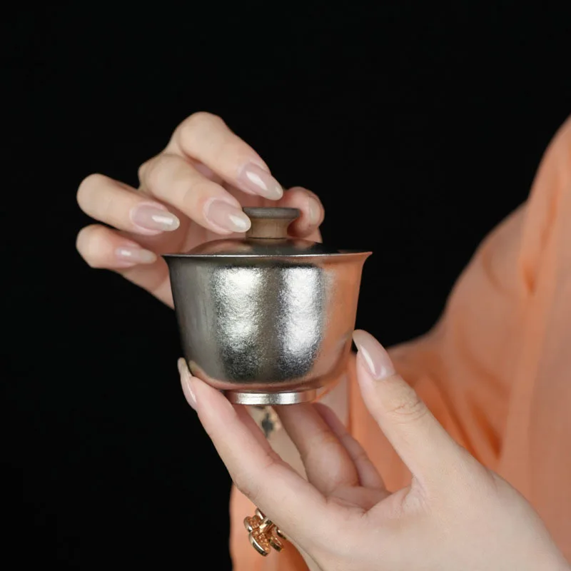 100ml Mini Gaiwan With Hover Lid & Wooden Handle,Double Layer Pure Titanium,Heat Proof Drinkware,Small Tea Bowl,Chinese Tea Set
