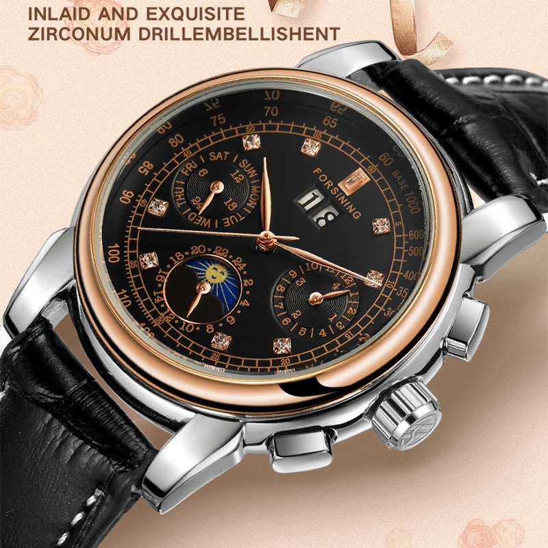 2024FORSINING Women Automatic Mechanical Fashion Luxury Wrist Watches Ladies Diamond Moon Phase Multifunctional Relogio Feminino 2