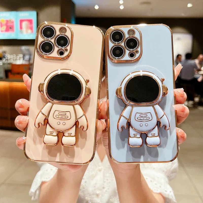Electroplated Astronaut Bracket Phone Case with Silicone Protective Lens Cover