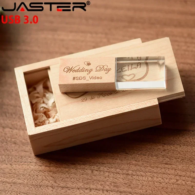 Jaster-memory Sticks de Madeira de Cristal Fotografia de Casamento Logo Personalizado Usb 3.0 Pen Drive 64gb 32gb 16gb 4gb Versão - Imagem 4