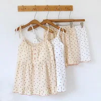 2026 Japanese Summer New Women's Pajama Set 100% Cotton Crepe Cloth Ladies Suspender+Shorts Two Piece Home Furnishing Set