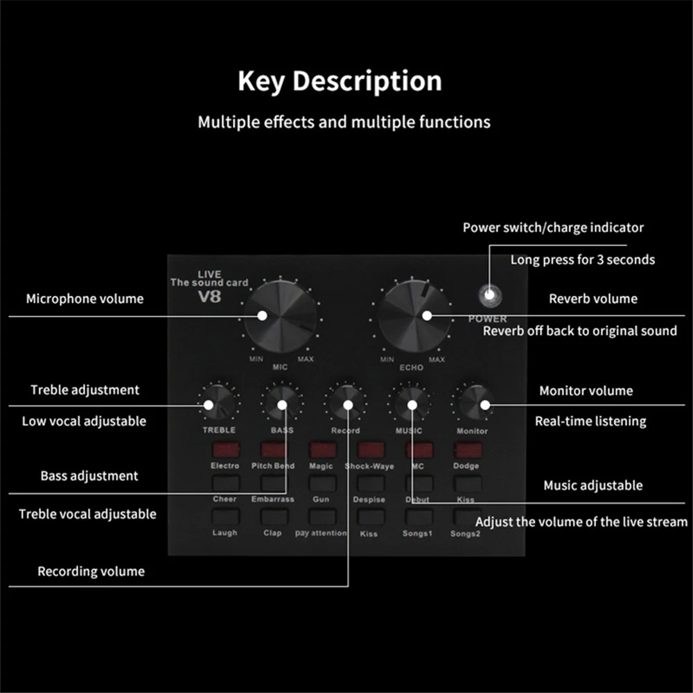 V8 V8S Audio Mixer USB External Headset Microphone Webcast Personal Live Broadcast Sound Card for Phone Computer audio mixer