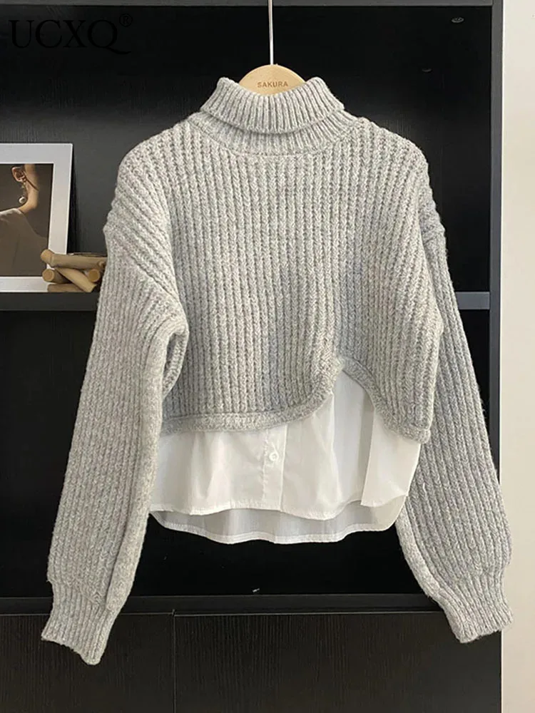 

UCXQ Turtleneck Stitch Patchwork Pullover Knitted Sweater Women's Fake Two-piece Long Sleeve Jumper 2023 Autumn Winter 23A6168