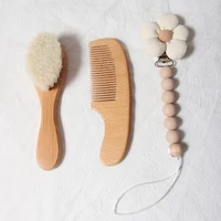 Ensemble de brosses et peignes pour bébé, coffret cadeau pour nouveau-né, laine naturelle, hêtre, peigne en bois, bavoir, attache-sucette, brosse à cheveux pour enfants 2