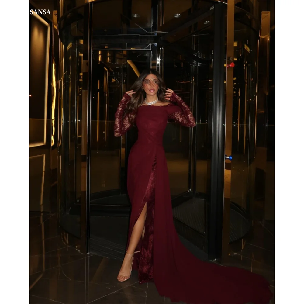 Sansa Customized Side High Slit Court Train Mermaid Prom Dresses Chiffon Wine Red فساتين سهرات Lone Sleeve فساتين للمناسبات الخا 1 Sansa Customized Side High Slit Court Train Mermaid Prom Dresses Chiffon Wine Red فساتين سهرات Lone Sleeve فساتين للمناسبات الخا