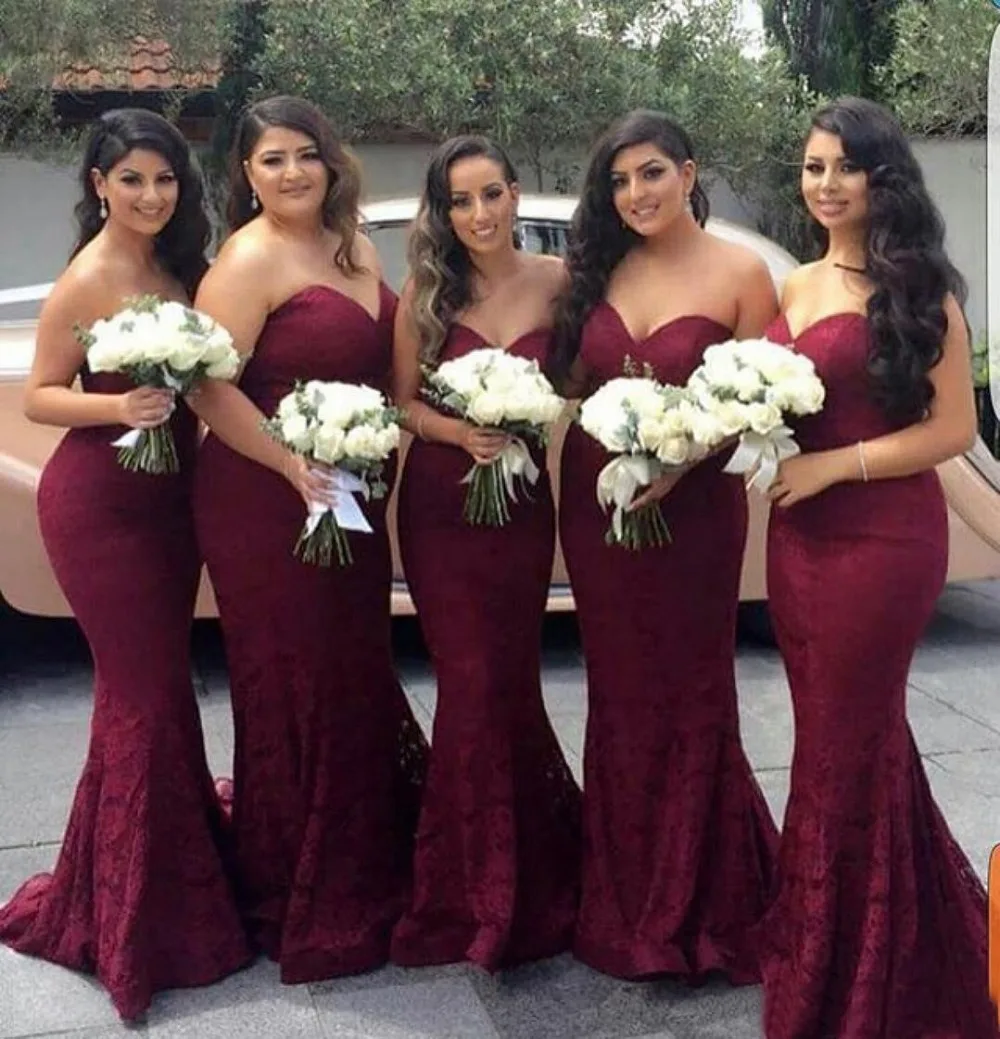 

Burgundy Lace Bridesmaid Dresses Sweetheart Gown Prom Party Gown Sleeveless Mermaid Plus Size Wedding Gust Party Dress