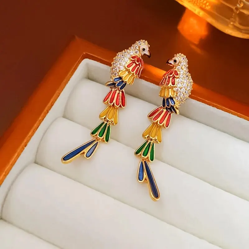 Colorful Parrot Big Bird Earrings Personalized Colorful Parrot Earrings For  Women Shiny Rhinestone Copper Stud Earrings Birds Pendant Earring Casual