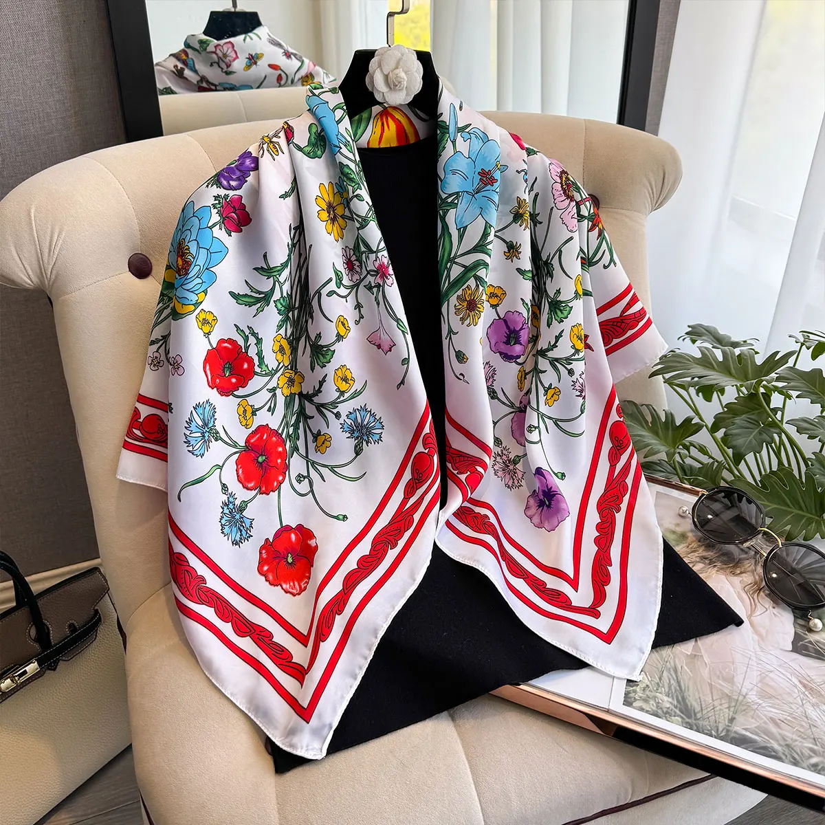 Spring and Summer Floral Design 90*90cm Women Scarf Sunscreen Foulard Shawl Hijab Female Hair Hijab Wraps Neckerchief Bandanda