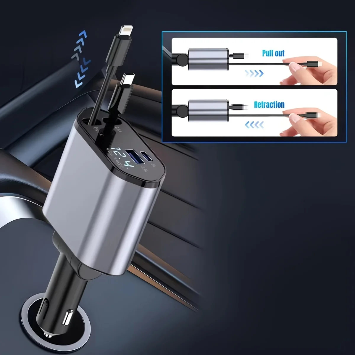 4'ü 1 arada 120W geri çekilebilir şarj USB Type C kablosu iPhone Huawei Samsung hızlı şarjlı çakmak için_voghion.com