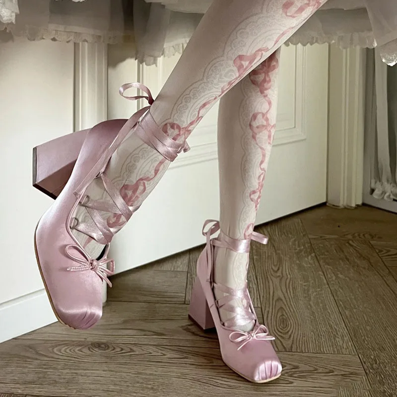 

Women's Satin Bowknot Ribbon High Heels Sweet Pink French Mary Jane Single Shoe Cross Lace-Up Round Head Thick Heel Ballet Shoes