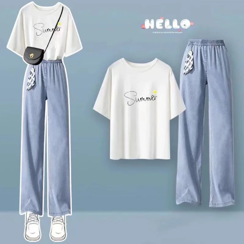2024 Summer New Suit Women's Korean Version Loose Short Sleeve T-Shirt Wide-leg Jeans Fashion Two-Piece Set