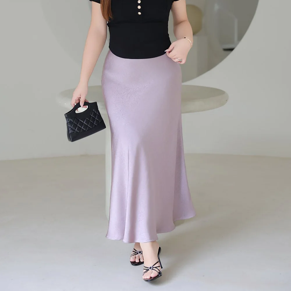 Lustrous Elegant Plus Size Women's Skirt French Style Premium Faux Acetate Satin Mermaid Hem High Waist Midi Skirt With Glossy