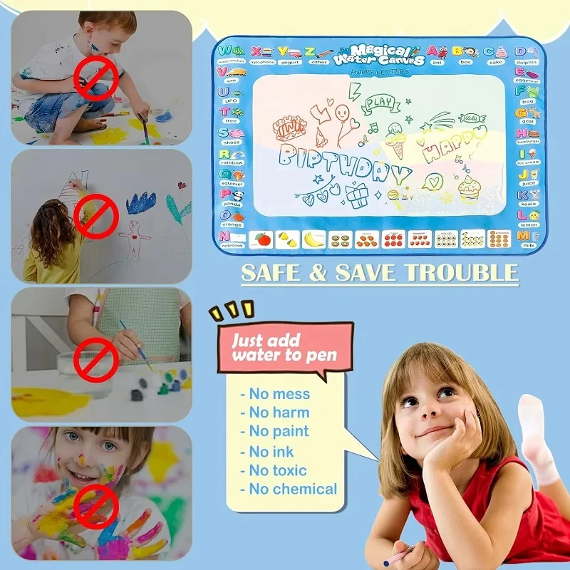 재사용 가능한 매직 펜 포함 매직 워터 드로잉 매트 컬러링 낙서, 몬테소리 페인팅 보드, 교육용 장난감, 100x80cm