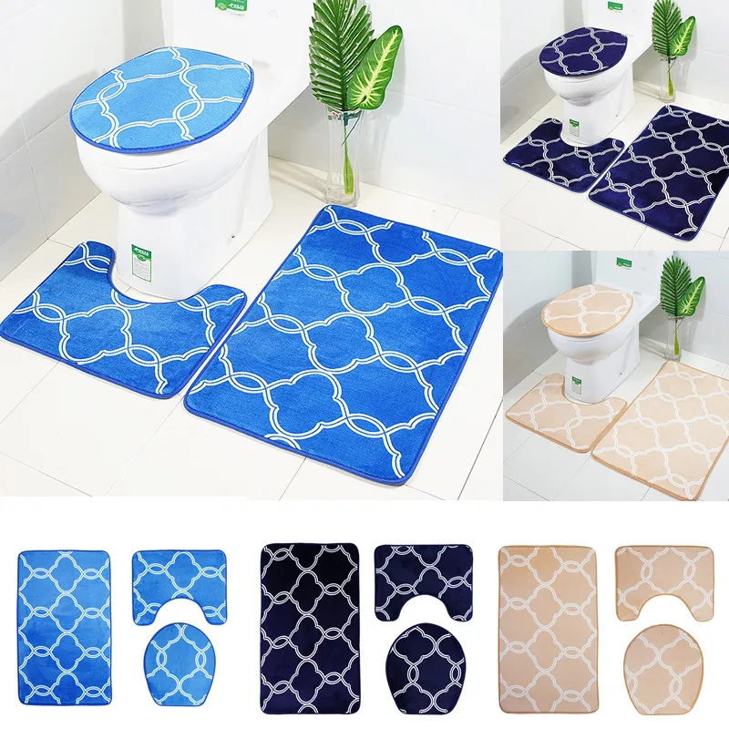 

Creative Solid Color Geometric Pattern Print Home Decor Bathroom Toilet Cover Sets Waterproof Mats Carpet Rugs Suits