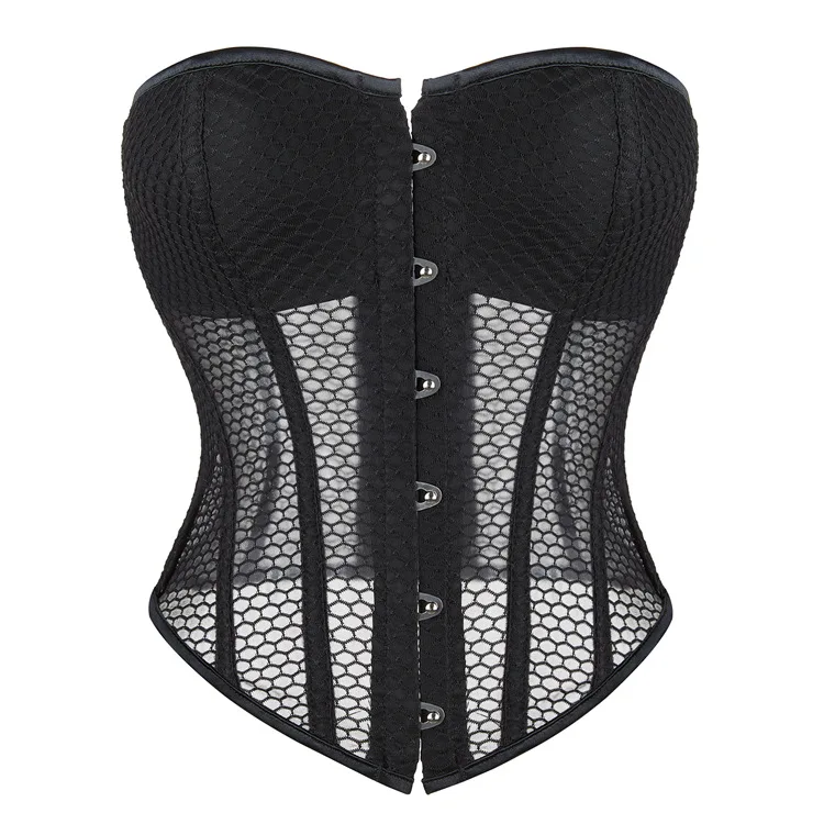 Overbust Corset for Women Hollow Out Mesh Breathable Corselet Sexy Transparent Mesh Corset Tops Waist Trainer Shapwear Black Red