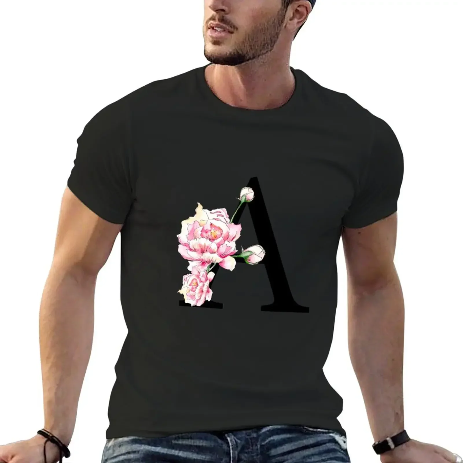 

Y2k Short Sleeves T Shirt Letter A - Peonies Floral Uppercase Alphabet Watercolor T-Shirt Graphics Pure Cotton Tops Streetwear