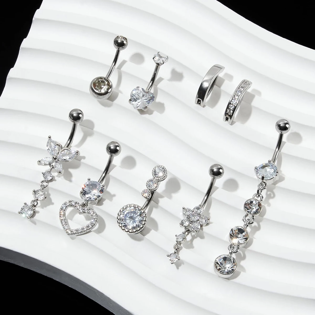 9PCS Belly Button Ring Dangle Stainless Steel Belly Rings Delicate Piercing Sexy Navel Nail for Women Shiny Zircon Body Jewelry