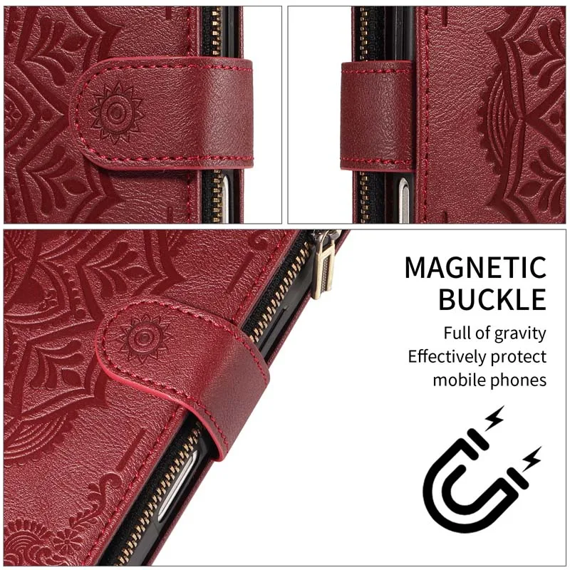 Leather Phone Case with Magnetic 9-Card Zipper Flip Wallet Holder