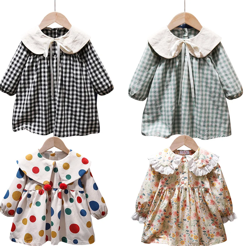 Plaid Dress for Baby Girls Peter Pan Collar Spring Summer Rainbow Dot Casual Frock Toddler Floral Ruffled Robe