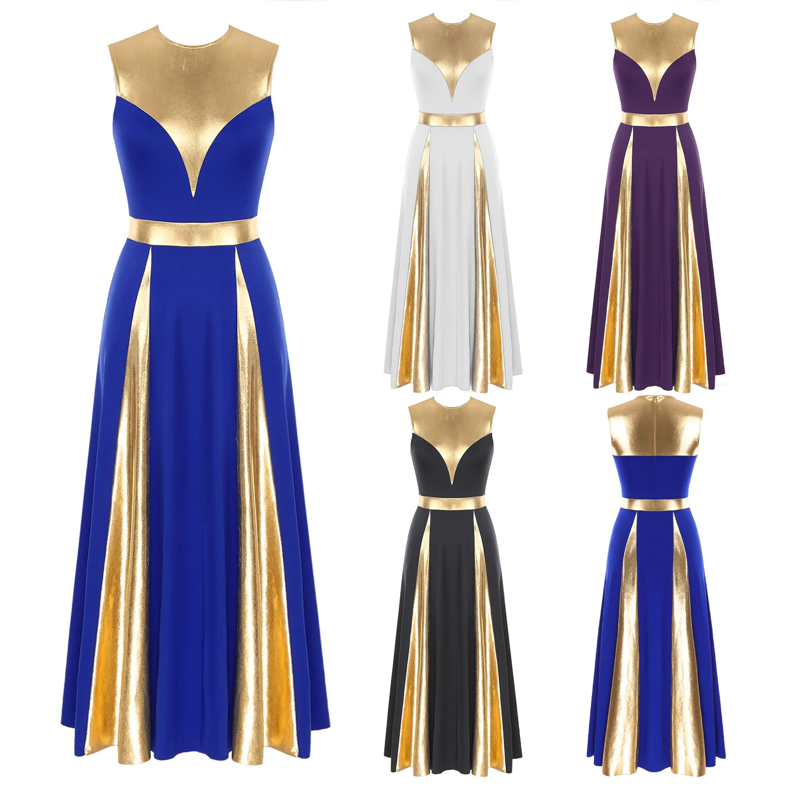 Women Sleeveless Lyrical Dance Dress Zipper Color Block Church Worship Dance Dress Ballet Ballroom Dancewear Performance Costume