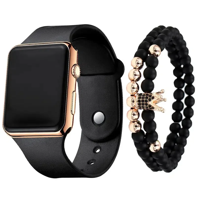 

Square Silicone Digital Watch + Crown Bracelet 2pcs/set Fancy Women Watches Jewelry Sophisticated And Stylish Women Watch
