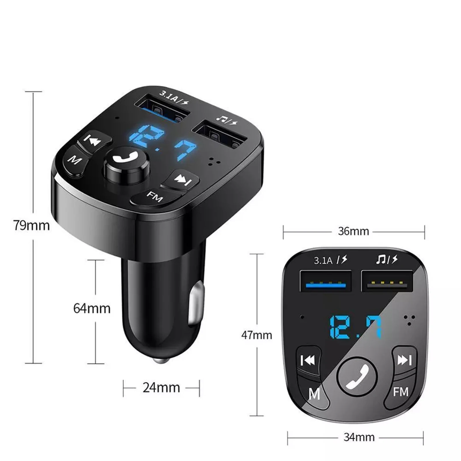 차량용 핸즈프리 무선 블루투스 FM 송신기, MP3 충전기, 듀얼 장착 플레이어, 블루투스 LED 디스플레이, 듀얼 USB 차량용 충전기