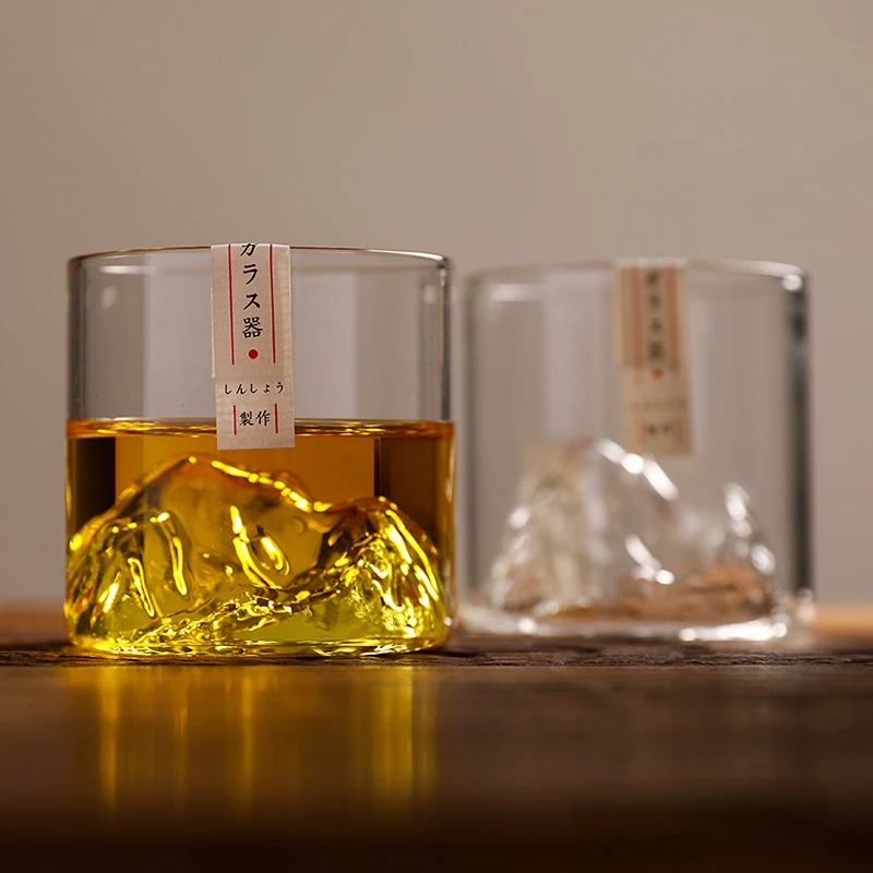 Elegant 3D Mountain Whiskey Glass Set with Wooden Gift Box