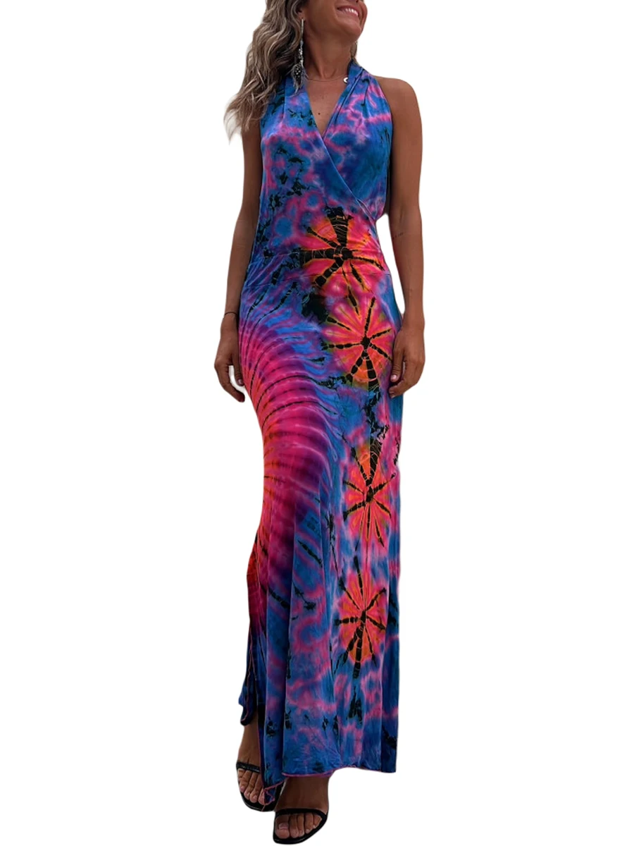 

Women Backless Tie Dye Dress Halter Neck Sleeveless Bodycon Maxi Dress Printed Stretchy Long Tank Dress Beach