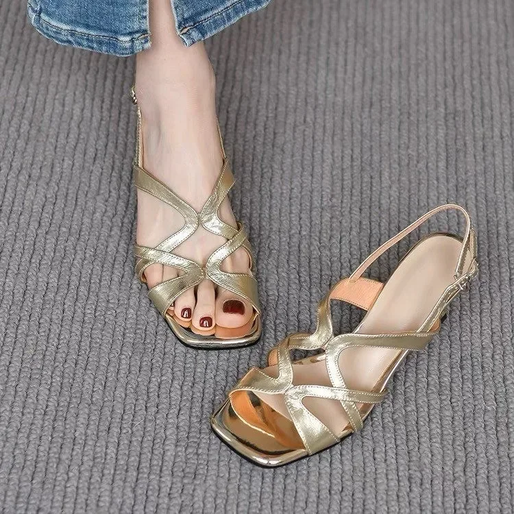 Women Slingback Sandals Women High Heels Shoes Women Dress Shoes New Cross Hollow Slingbacks Shoes Woman Peep Toe Sandals Women's Summer Black Thin High Heels Gold Heeled Roman Sandalias