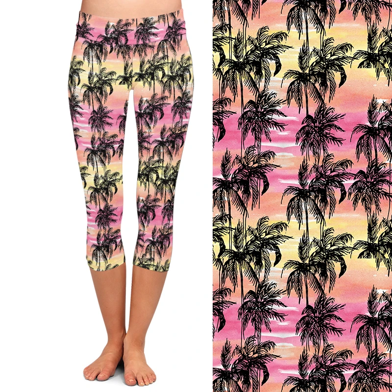 LETSFIND New High Waist Capri Print Palms on Sunset-colored Watercolor Print Women Leggings High Quality Fitness Pants
