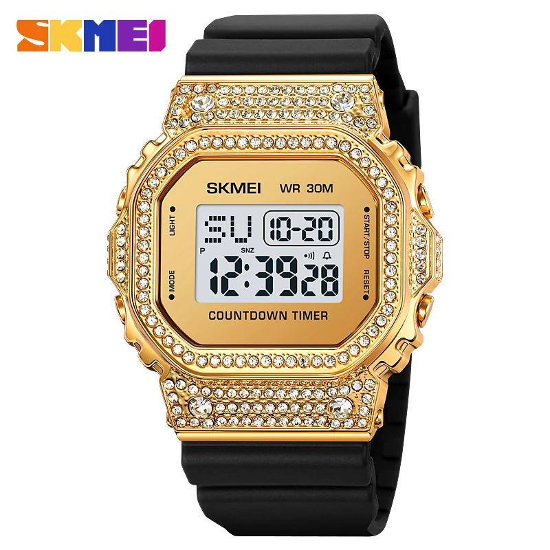 

SKmei Luxury Diamond Men Digital Watch Square Case Outdoor Sport Waterproof Stainless Steel Wristwatch For Men Montre Homme