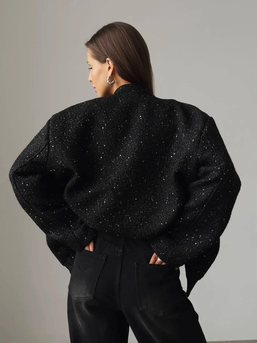 Black Sequin Fashion Outwear Female Loose Patchwork High Waist Long Sleeve Jacket Streetwear Solid Glitter Female Coat New