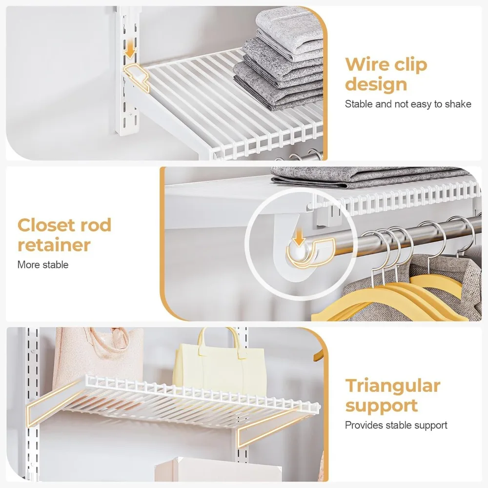 wire closet organizer system, wall mounted 6.5 ft. custom closet kit for bedrooms, adjustable storage shelves for clothes, shoes