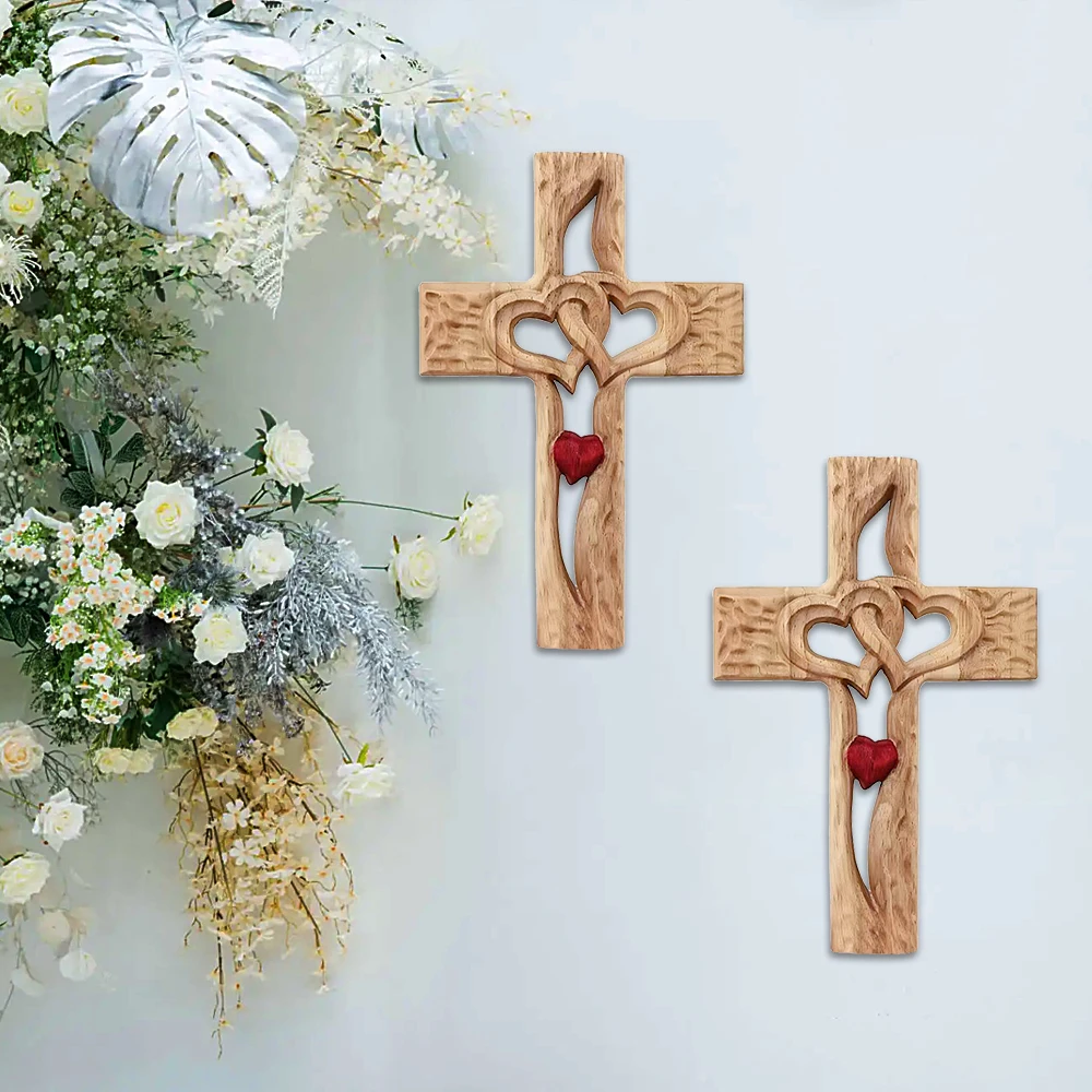 1pc, Valentine's Day Wooden Love Cross-interwoven Heart, Wall Hanging Hand Carved Wooden Cross For Home Living Room Decoration