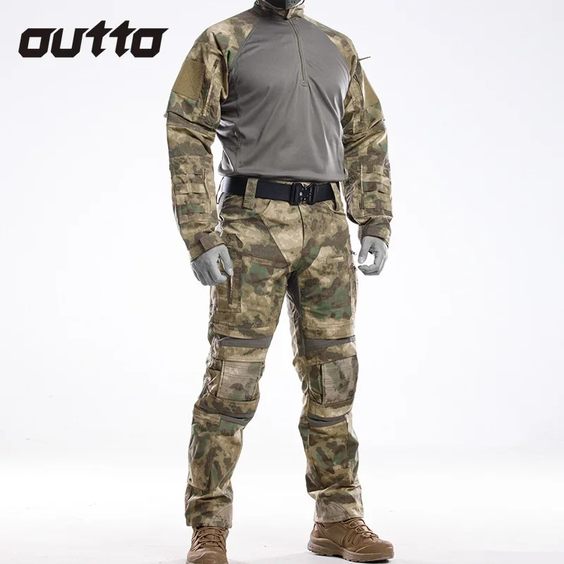 Men Combat Suit Camouflage Tactical Sets Multi-pocket Quick-dry Training Suits Long Sleeved Breathable T-shirt Knee Pad Pants