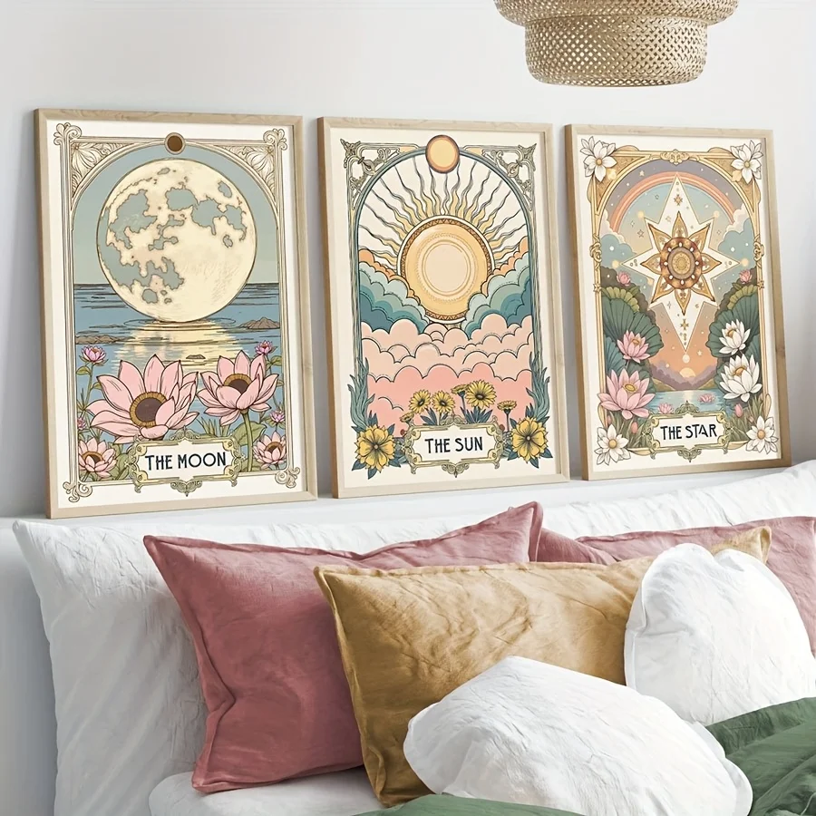 3 Tele Da Parete Vintage Tarocchi – Astrologia Mistica – Decorazione Retrò Per Casa E Camera