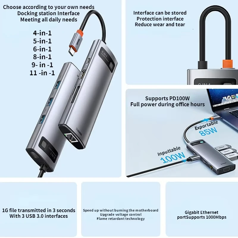 Baseus M2 SSD Case NVMe SATA Dual Protocol 10Gbps USB Type C 3.2 Gen 2 Portable Dock for MacBook Pro Air M1 8 Ports in 1 HUB